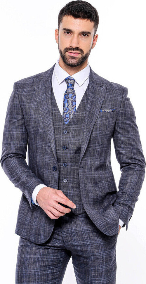 Kendinden Desenli Yelekli Slim Fit Lacivert Takım Elbise