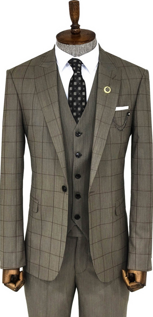 Krem Ekose Desenli Yelekli Slim Fit Takım Elbise