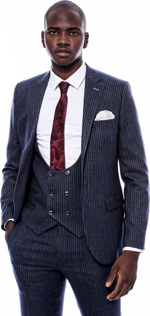 Çizgili Kruvaze Yelekli Lacivert Slim Fit Takım Elbise