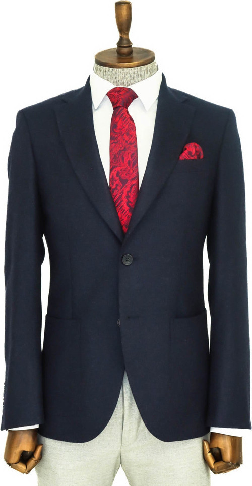 Slim Fit Desensiz Geniş Yaka Lacivert Erkek Yün Ceket