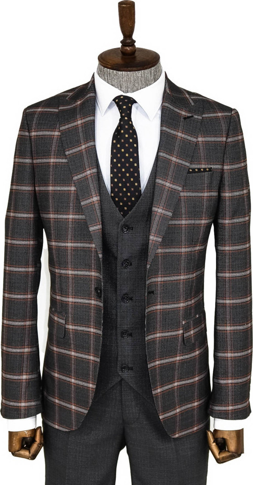 Ekose Desenli Siyah Slim Fit Takım Elbise