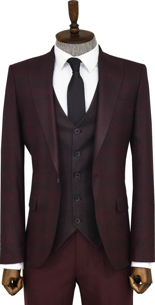 Ekose Ceketli Bordo Slim Fit Takım Elbise