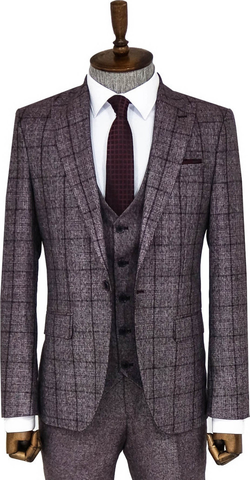 Slim Fit Ekose Bordo Erkek Takım Elbise