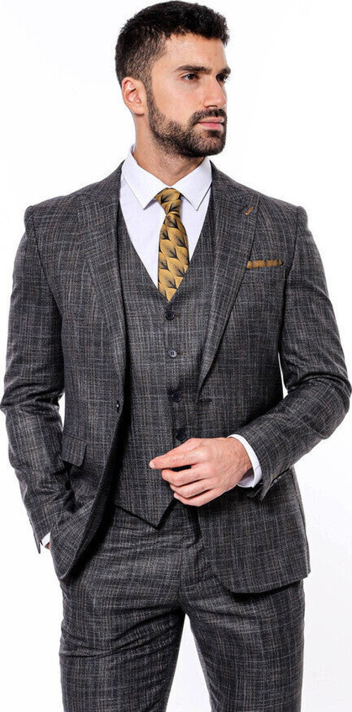 Kendinden Desenli Yelekli Slim Fit Siyah Takım Elbise