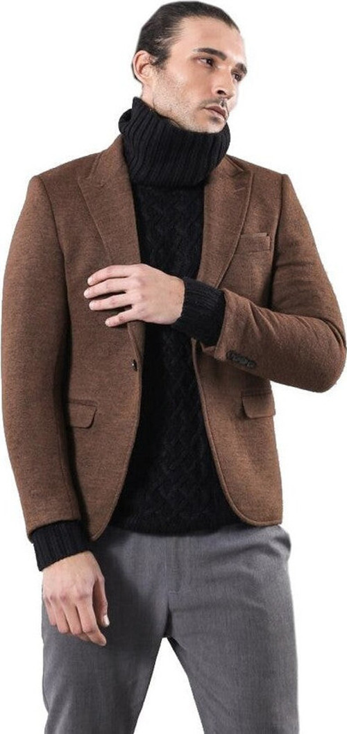 Kahverengi Geniş Sivri Yaka Tek Düğmeli Ceket