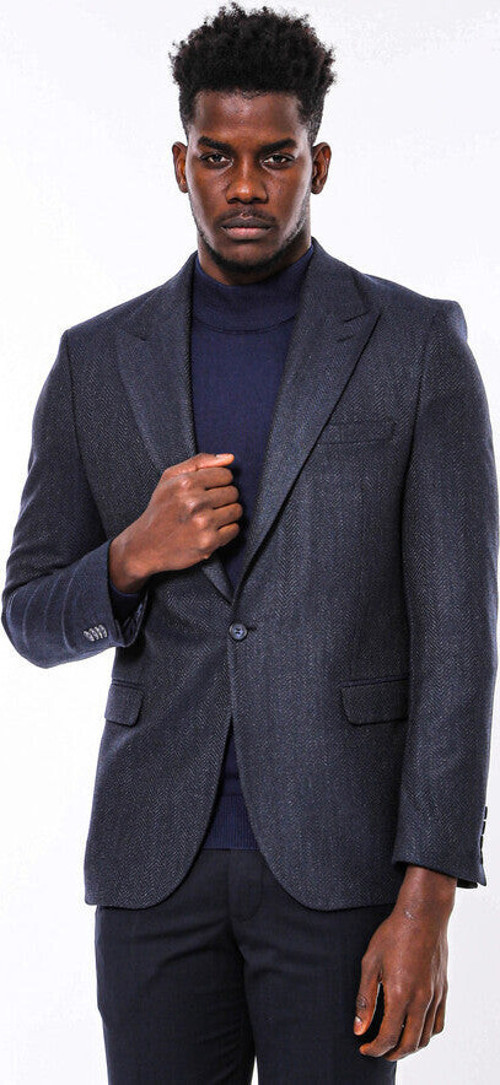 Kendinden Desenli Lacivert Slim Fit Ceket