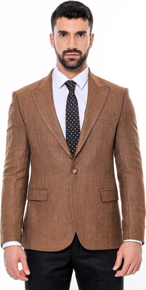 Slim Fit Desenli Açık Kahverengi Erkek Ceket