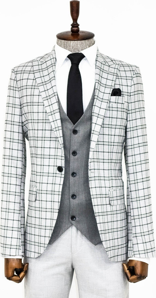 Gri Yelekli Slim Fit Ekose Açık Gri Erkek Takım Elbise