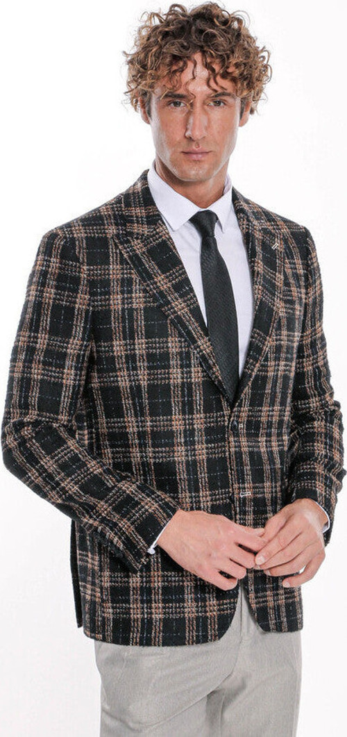 Ekose Desen Slim Fit Siyah Erkek Ceket