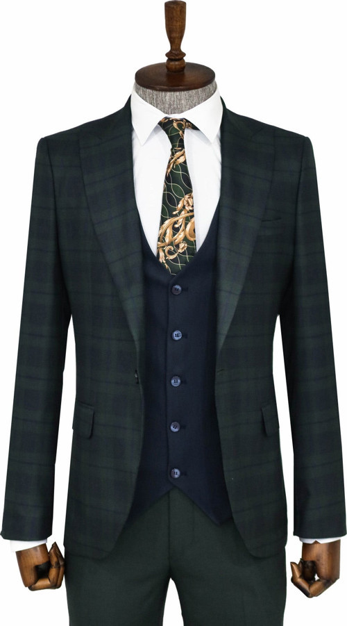 Ekose Ceketli Yeşil Slim Fit Takım Elbise