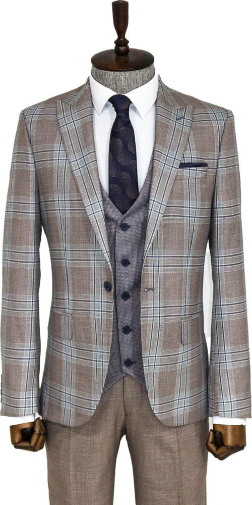 Slim Fit Yelekli Açık Kahverengi Erkek Takım Elbise