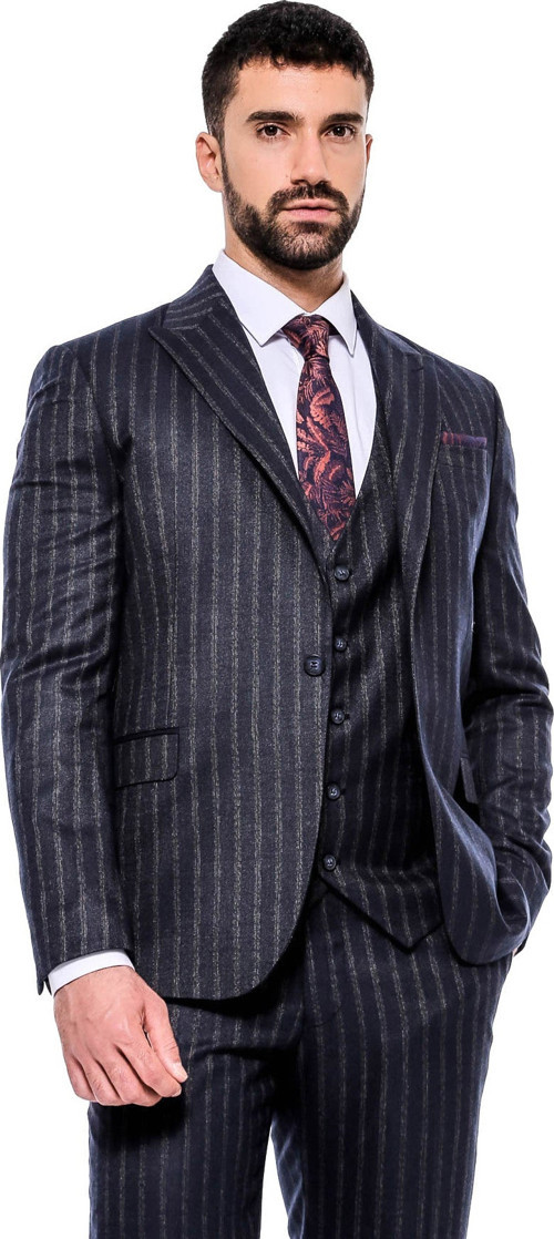 Çizgili Yelekli Lacivert Slim Fit Erkek Takım Elbise