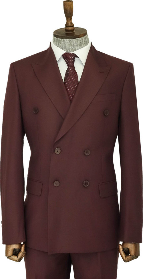 Geniş Sivri Yakalı Slim Fit Bordo Erkek Kruvaze Takım Elbise