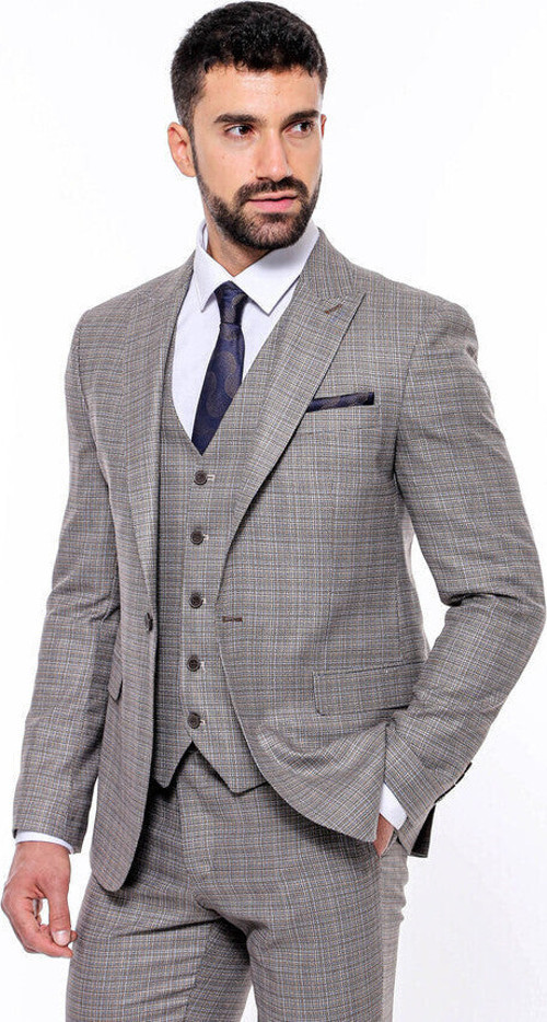 Ekose Desenli Yelekli Slim Fit Bej Erkek Takım Elbise