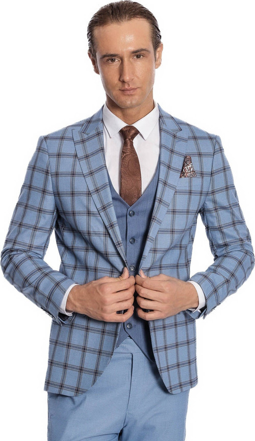 Ekose Ceketli Desenli Slim Fit Mavi Erkek Takım Elbise