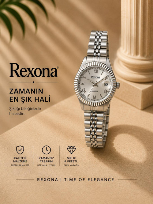Rexona Kadın Kol Saati 28 mm Çelik Kordon Beyaz Kadran Gümüş Renk Quartz Tarih Göstergeli