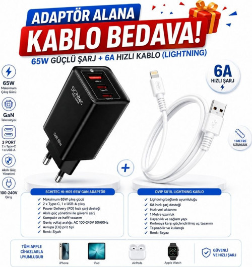 GaN 65W Ultra Hızlı Şarj Cihazı 3 Çıkışlı Hızlı Şarj Aleti Başlığı ve 67W UsbA to Lightning Data ve Hızlı Şarj K