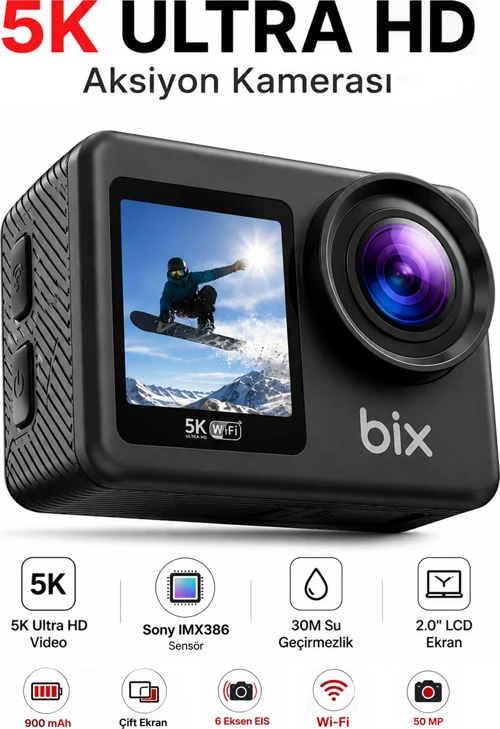 5K Aksiyon Kamerası Wi-Fi 50MP Çift Ekran Su Geçirmez Kılıflı Vlog Kamerası EIS Sony IMX386 Sensörlü