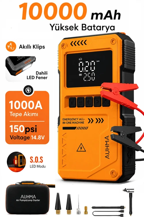 Akıllı Akü Takviye Cihazı Hava Kompresörü 150PSI Jump Starter 10000mAh mAh 4in1 Marş ve Hava Pompası