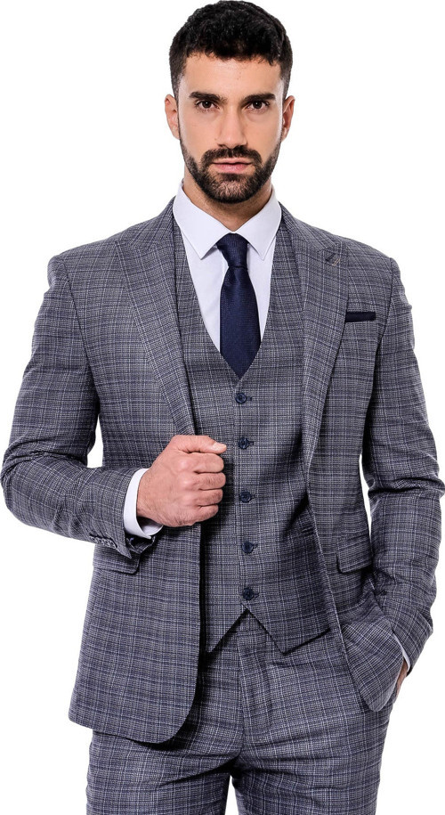 Ekose Desenli Yelekli Slim Fit Lacivert Erkek Takım Elbise