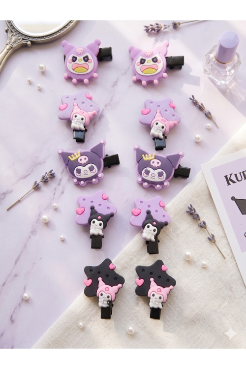 10'lu Kuromi Karakter Figürlü Kız Çocuk Yan Toka Seti - Mor Seri Pens Toka Paketi