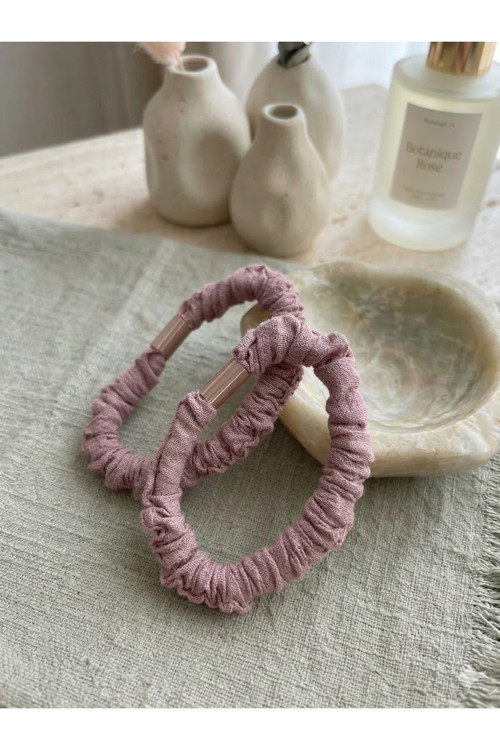 2'li Set Pembe Doğal Dokulu Büzgülü Kumaş Lastik Toka - Kız Çocuk ve Kadın Saç Aksesuarı