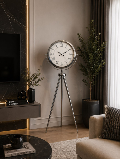 Büro Ev Ofis Dekoru için 150X45CM Krom Metal Asalet Tripod Ayaklı Saat