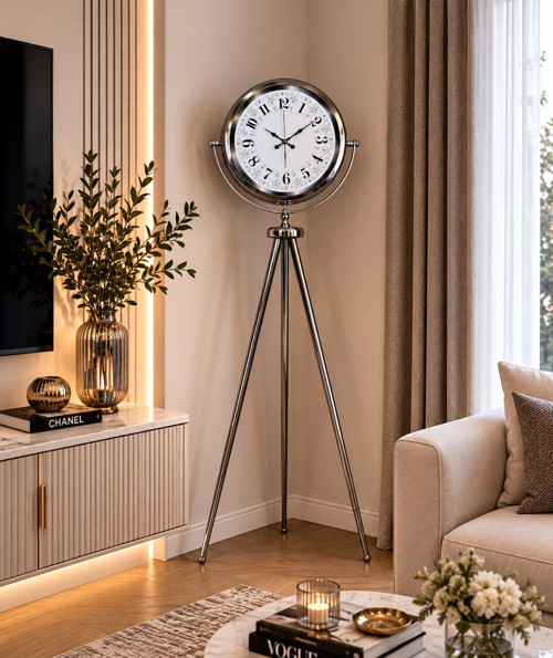 Büro Ev Ofis Dekoru için 150X45CM Krom Metal Klasik Stil Tripod Ayaklı Saat