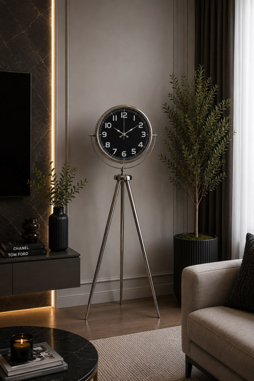 Büro Ev Ofis Dekoru için 150X45CM Krom Metal Majesty Tripod Ayaklı Saat