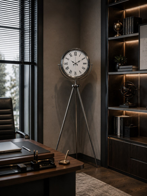 Büro Ev Ofis Dekoru için 150X45CM Krom Metal Roma Rakam Tripod Ayaklı Saat
