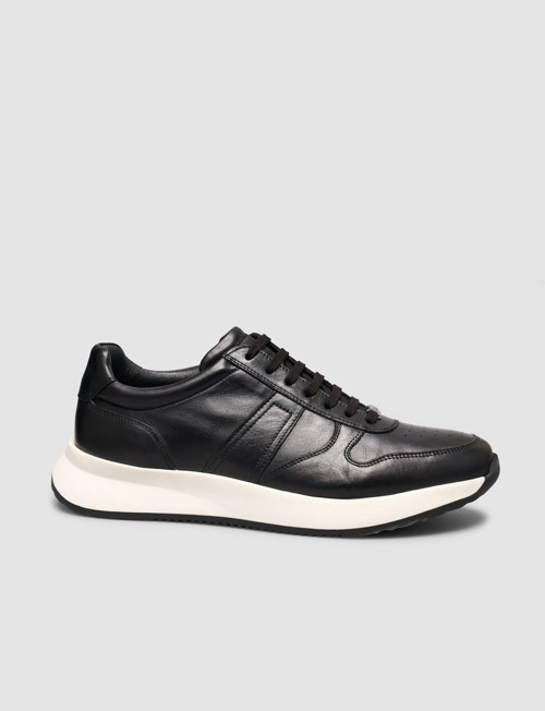 Spoleto %100 Hakiki Deri Dokulu Siyah Napa Bağcıklı Erkek Sneaker
