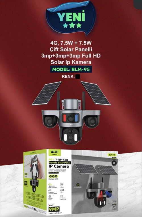 BLM-95 4G Çift Solar Panelli 9MP IP Güvenlik Kamerası - 3 Lensli Full HD Hareketli Kamera