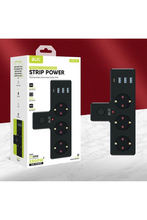 FTR-12 - 3xusb-a 3xsoket 1xusb-c 2500 pd20w akım korumalı priz