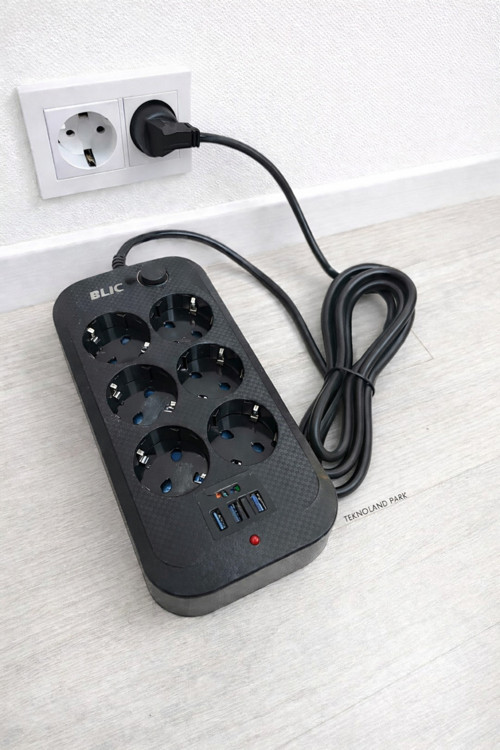 6'lı Çoklu Priz–2 USB+1 Type-C Hızlı Şarj Girişli,Termal Akım ve Çocuk Korumalı, Uzatma Prizi