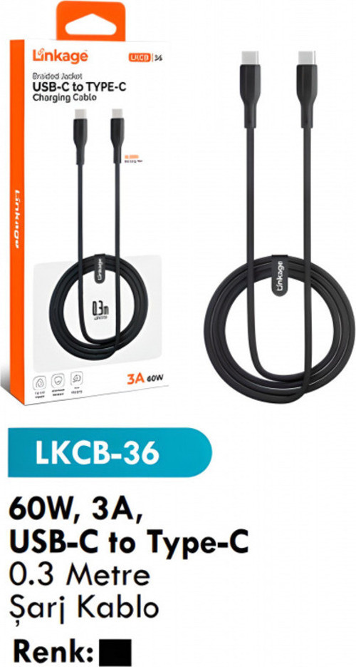 60W, 3A, USB-C to Type-C 0.3 Metre Şarj Kablo LKCB-36