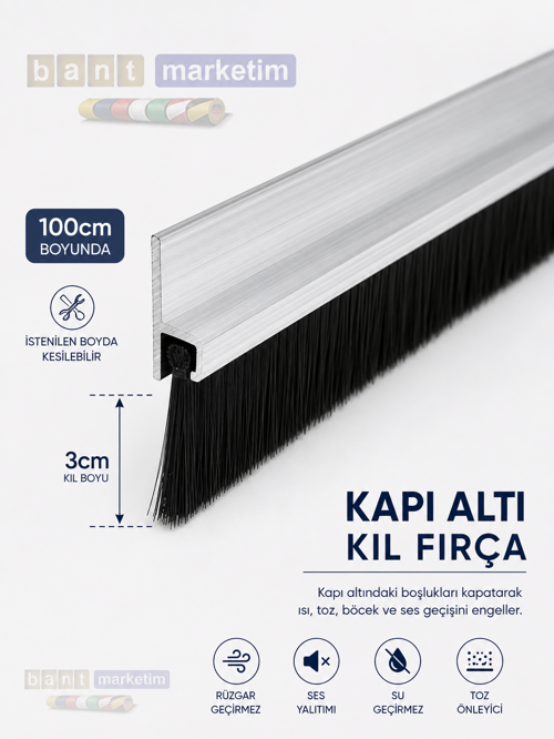 Kapı Altı Fırça Alüminyum 100 Cm H Tipi 3cm Kıl Boyu