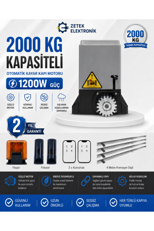 Ztx 2000 Kg Kayar Kapı Motoru Seti 1200W Fotoselli Flaşörlü Kumandalı Bahçe Kapı Motoru