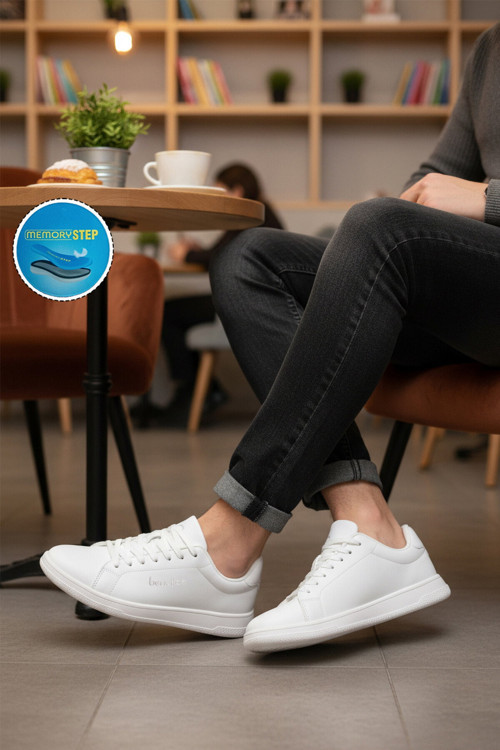 Beyaz Bağcıklı Cilt Memory Foam Erkek Spor Ayakkabı BNI-12087 M