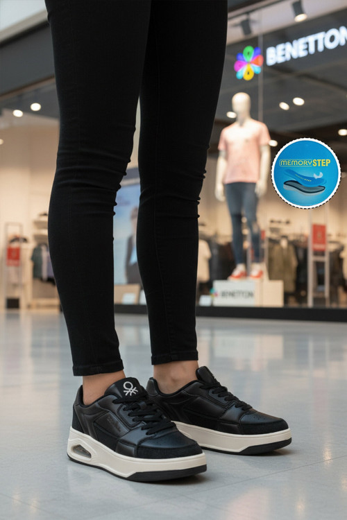 Siyah Beyaz Bağcıklı Cilt Unisex Spor Ayakkabı BNI-12133 G