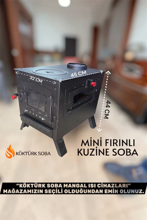 Mini Fırınlı Kuzine Soba Tepsi Hediyeli Katlanır Ayaklı 1.5 Mm Kalın Malzeme Soba Borusu Uyumlu