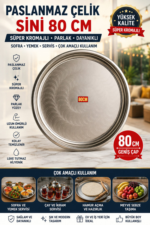 Paslanmaz Çelik Sini 80Cm Sofra Yemek Tepsisi Süper Kromajlı Sini 80 Cm