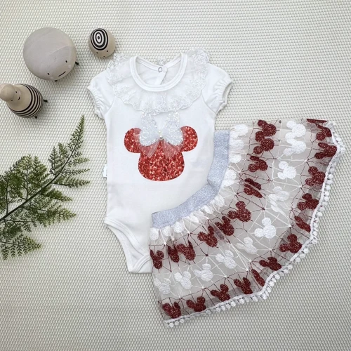 1-2 Yaş Pamuklu Mickey Payetli Brode Kız Bebek Takımı