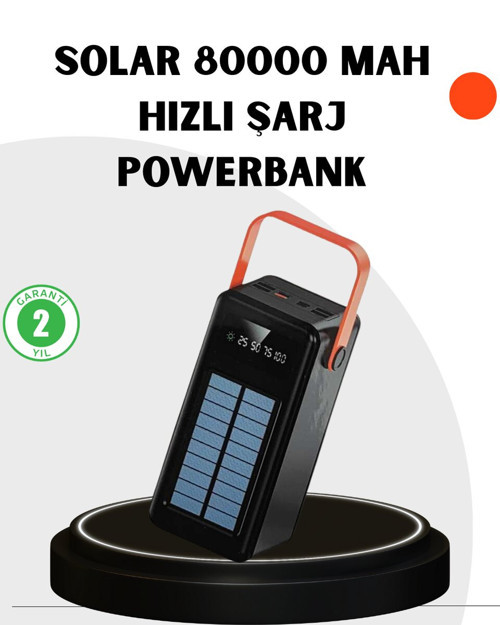 Güneş Enerjili 80000 mAh Powerbank - Çok Girişli, Hızlı Şarj ve Kompakt Tasarım