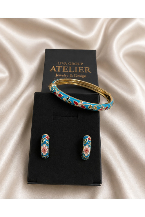 Mineli Çiçek Desenli Kelepçe Bilezik & Mineli Çiçek Desenli Küpe 2'Li Set Takım