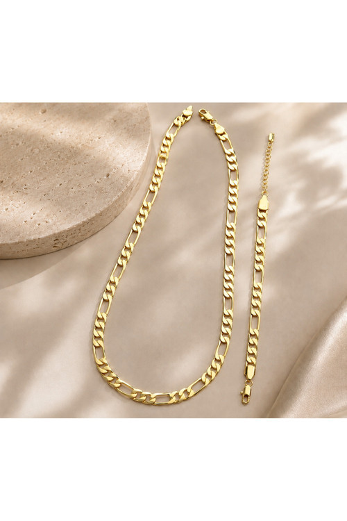 Çelik Gold Renk Unisex Figaro Kolye & Bileklik Set Altın Kaplama 2'Li Takım Kolye: 55Cm Bileklik: 17Cm + 5Cm