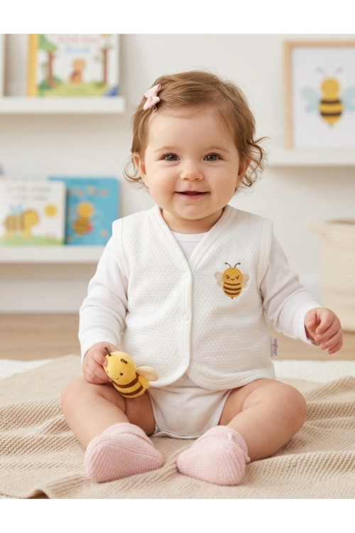 Nayinom Arı Nakışlı Penye Bebek Yeleği 0-12 Ay