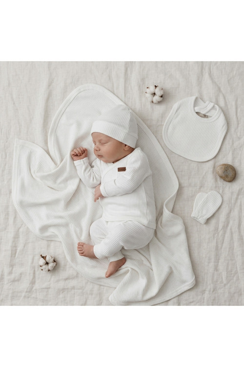 İmajbebe Fitilli Ribana Battaniyeli Yeni Doğan Hastane Çıkışı - 7'Li Unisex Bebek Seti (Beyaz)