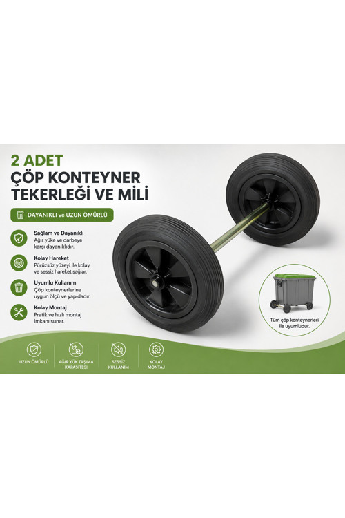 Çöp Konteyneri Yedek Tekerleği 2 Adet Ve 1 Adet Mili