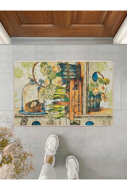 Paris Jardin Vintage Çiçek Desenli Kapı Önü Paspası 40x60 cm - Dijital Baskılı Yıkanabilir Kaymaz Taban Paspas