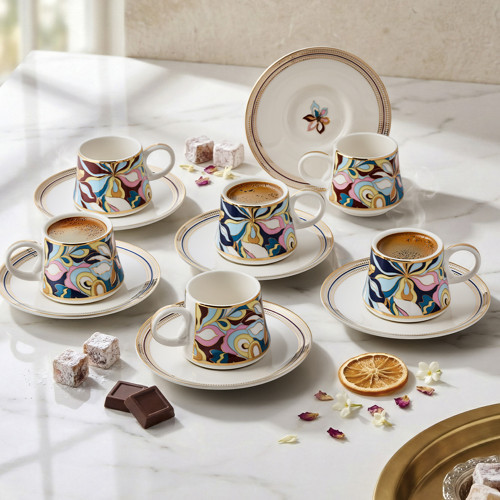 Yüzük Retro Rose Ebruli 1453 12 Parça 6 Kişilik Kahve Fincan Takımı 90 ml